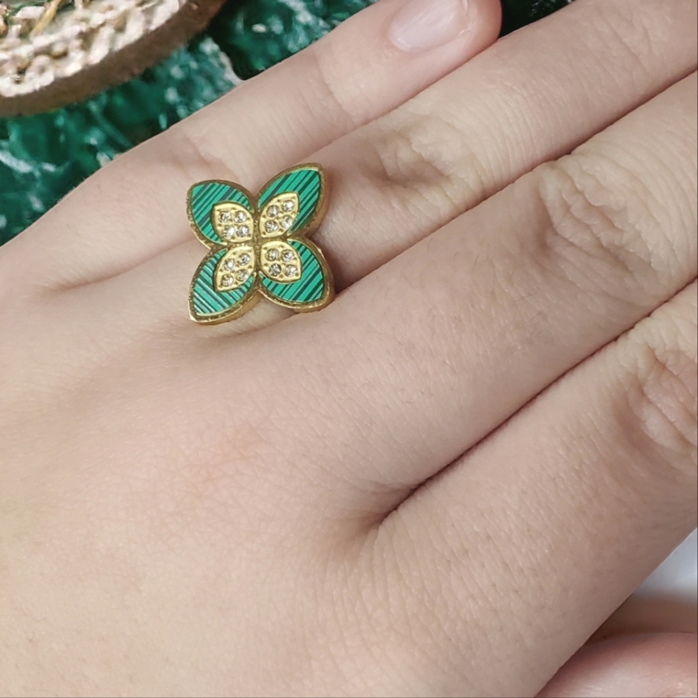 French Clover Malachite Zircon Crystals Ring